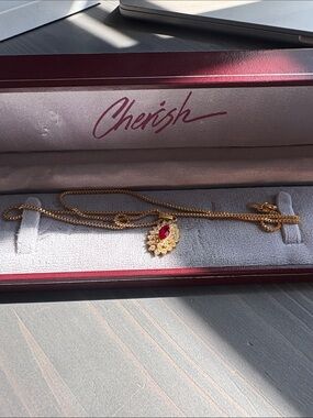 Cherish Gold-Tone Necklace with Ruby-Red Marquise Pendant